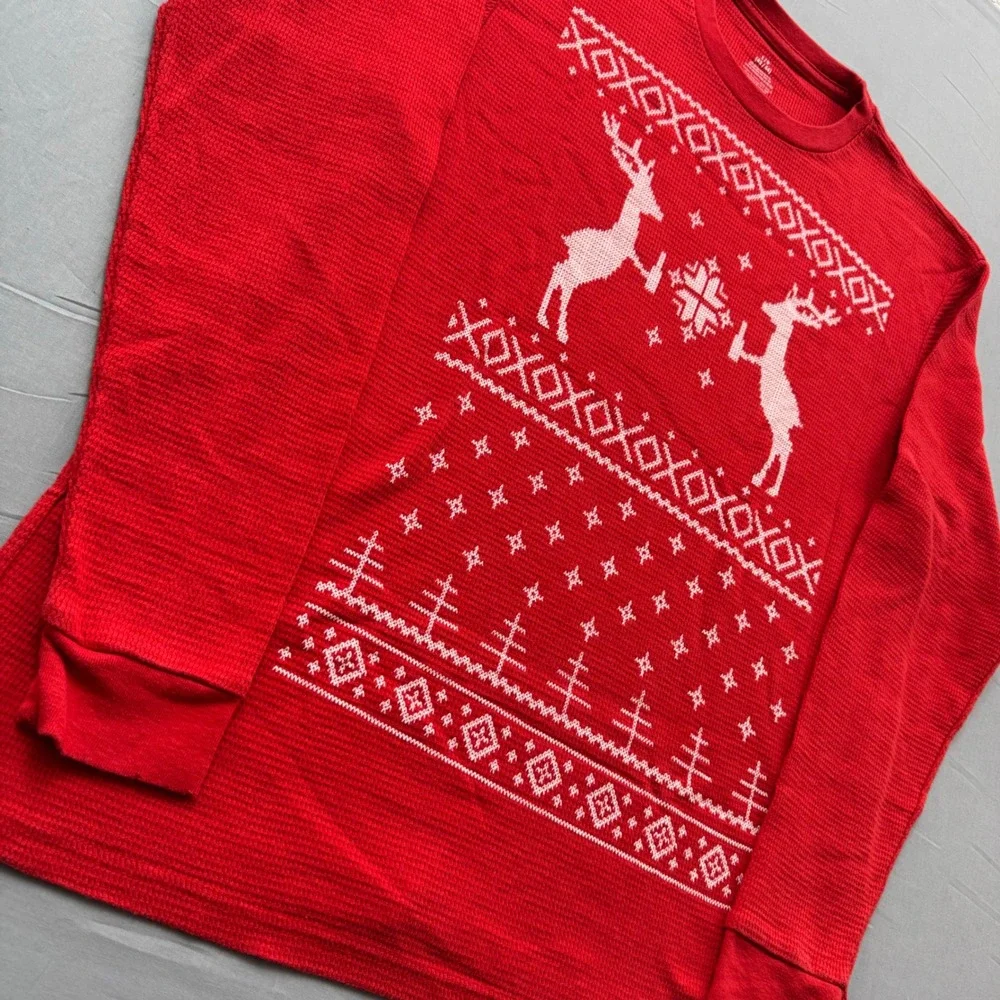 Mens Red Fair Isle Reindeer‎ Waffle Knit Thermal Long Sleeve Shirt Large